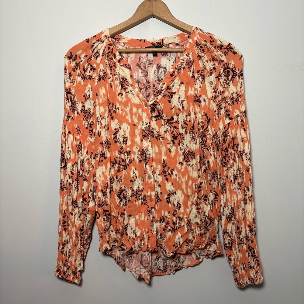 Frye Orange Floral Button Tunic Crinkled Blouse Boho Peasant Size M Vibrant